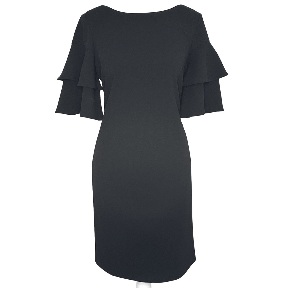 Calvin Klein Sheath Dress 4 Black Ruffle Bell Sleeve Boat Neck Stretch Crepe